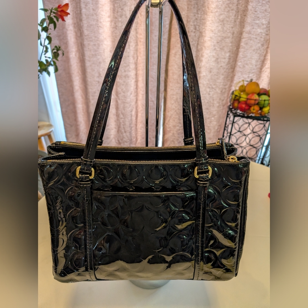 Coach Black Patent Leather Peyton Op Art Double Zip Satchel Excellent Condition - Picture 2 of 16
